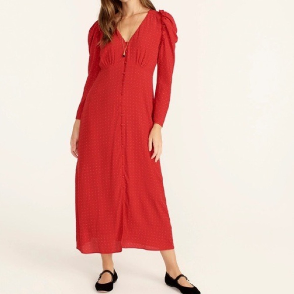 J Crew New Drapey puff-sleeve maxi dress in pin dot V neck Long sleeve